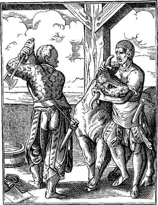 Un boucher et son assistant. Gravure extraite du livre des métiers de Jost Amman (Das Ständbuch, 1568)
