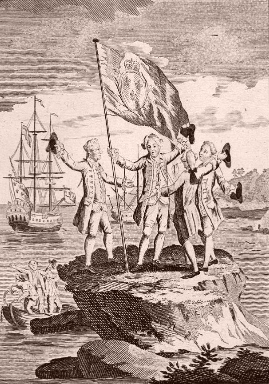 Bougainville et ses hommes plantent le drapeau français sur un îlot situé au sein du Détroit de Magellan, en 1767