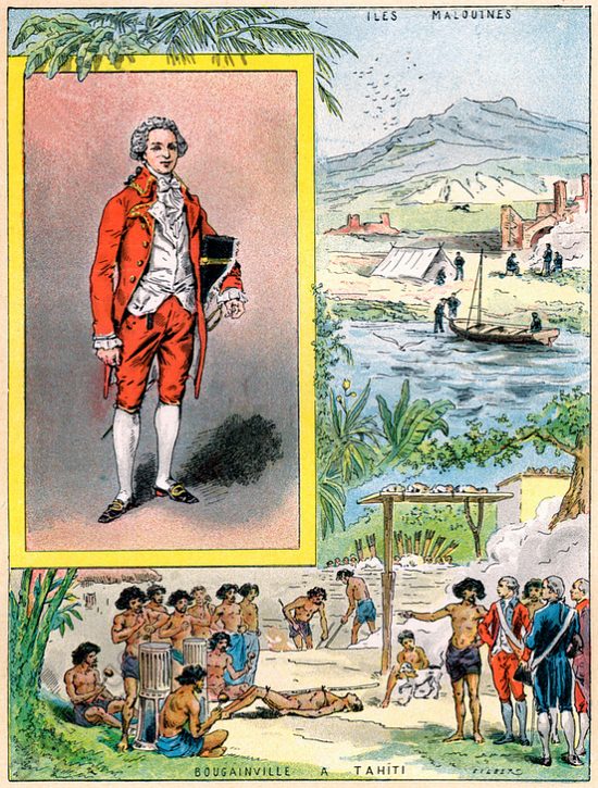 Louis-Antoine de Bougainville. Portrait et arrivée à Tahiti en 1768. Illustration extraite de Les Français illustres de Gustave Demoulin, paru en 1898