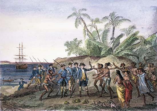 Débarquement de Bougainville à Hitiaa le 6 avril 1768. Gravure (colorisée) du XIXe siècle