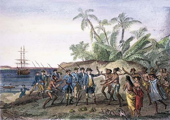 DÃ©barquement de Bougainville Ã  Hitiaa le 6 avril 1768. Gravure (colorisÃ©e) du XIXe siÃ¨cle