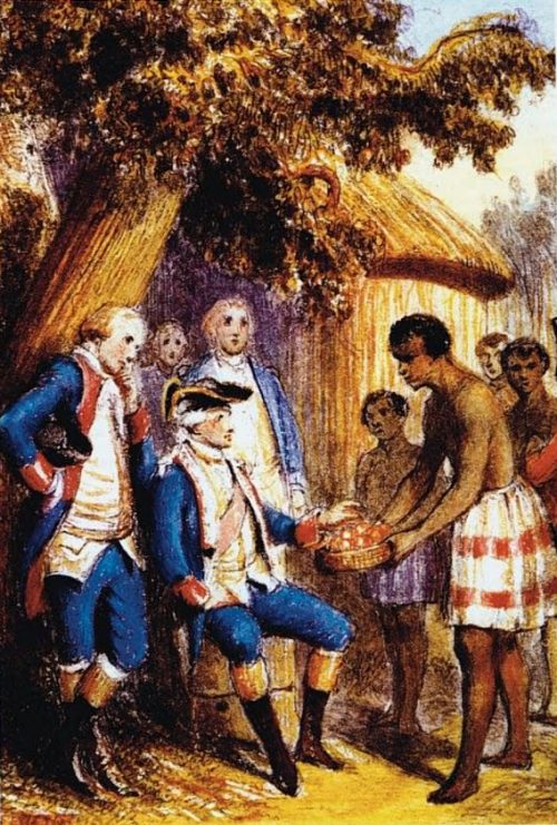 Tahitiens présentant des fruits à Bougainville et ses officiers. Pastel anonyme