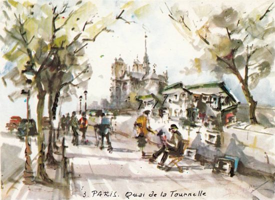 Le Quai de la Tournelle et les bouquinistes à Paris. Aquarelle de la collection Aqua Pictura aux éditions Art Pictural