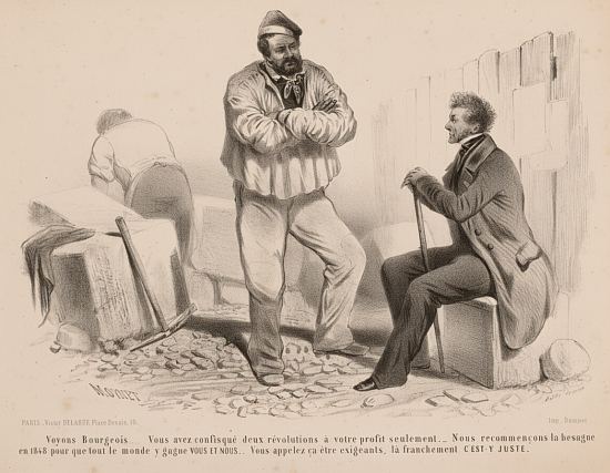 Bourgeois et ouvriers. Estampe de Jean-Pierre Moynet (1819-1876) réalisée peu après la Révolution de 1848