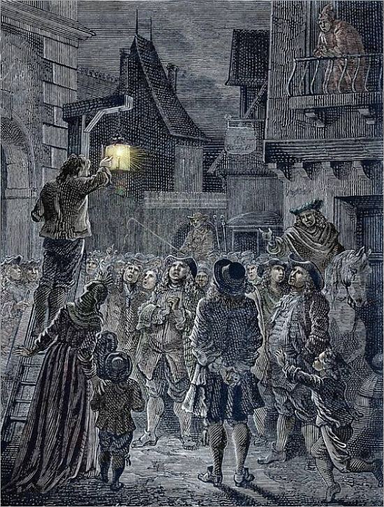 Les bourgeois de Paris contemplant les premiers réverbères à chandelle. Gravure extraite des Merveilles de la science (Tome 4) par Louis Figuier, paru en 1875