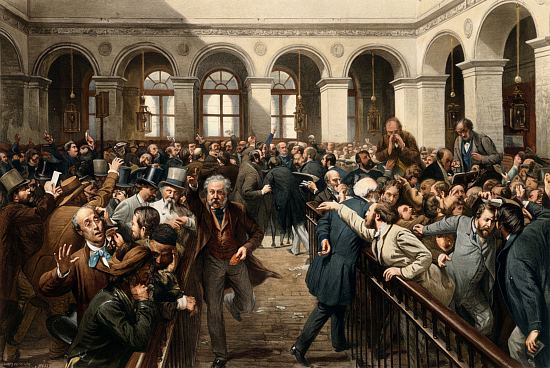 La Bourse à Paris. Lithographie d'après la peinture de François-Auguste Biard réalisée en 1863