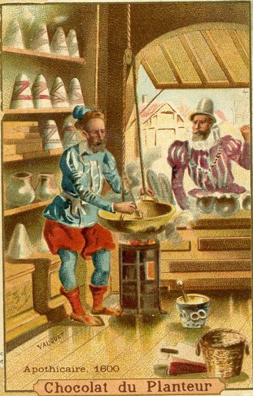 Un apothicaire en 1600. Chromolithographie publicitaire de la fin du XIXe siècle Un apothicaire en 1600. Chromolithographie publicitaire de la fin du XIXe siècle