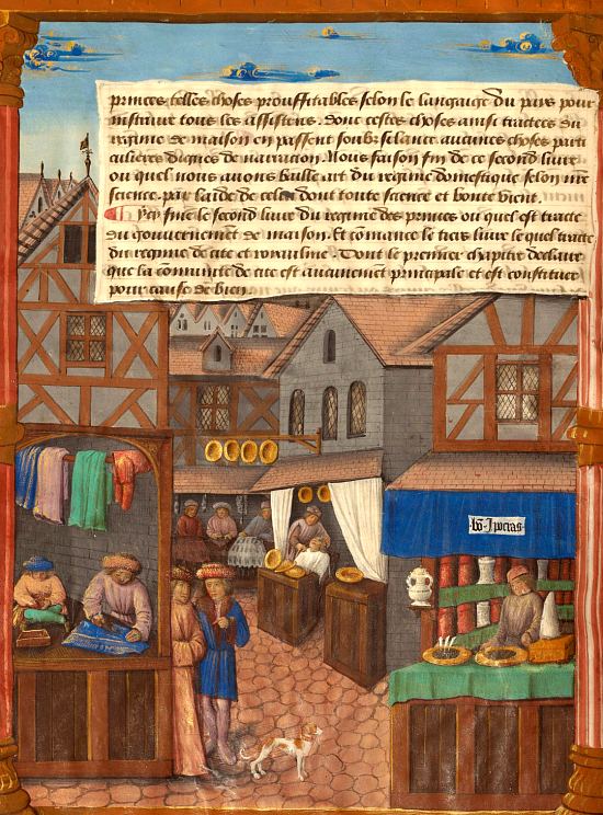 Succession de boutiques dans les rues de Paris. Enluminure de 1510 extraite du Livre du gouvernement des princes, par le frère Gilles de Rome