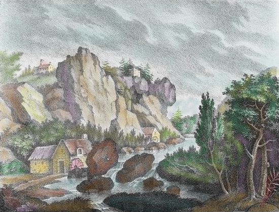 Vue du Mont-Joly ou Brèche-au-Diable. Gravure (colorisée ultérieurement) réalisée d'après le dessin du XIXe siècle de Charles Vauquelin de Sassy