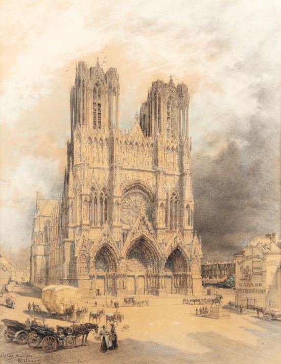 Cathédrale de Reims en 1914, par Charles Jouas. Mine de plomb, craie et aquarelle