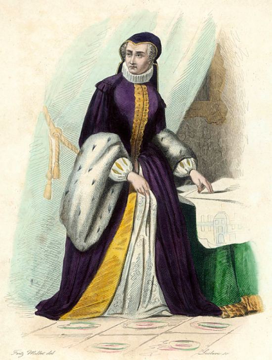 Catherine de Médicis. Gravure (colorisée ultérieurement) de Leclerc publiée dans Le Plutarque français (Tome 3) paru en 1846, et réalisée d'après un dessin datant du XIXe siècle de Fritz Millet