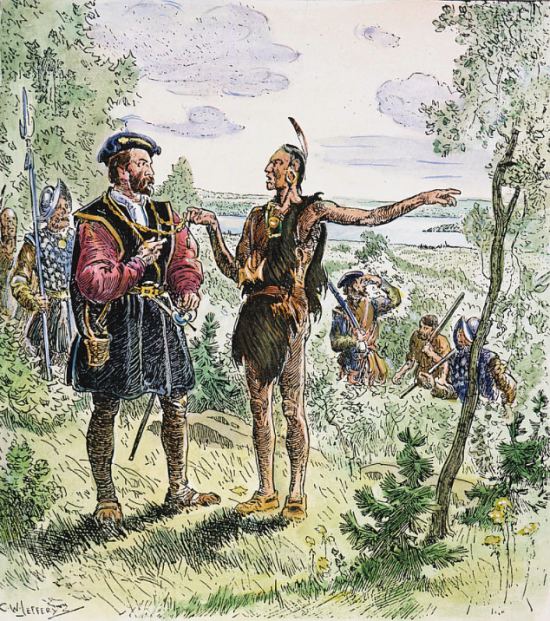 Jacques Cartier rencontre les Iroquoiens du Saint-Laurent à Hochelaga, en 1535. Gravure (colorisée ultérieurement) de Charles William Jefferys (1869-1951)