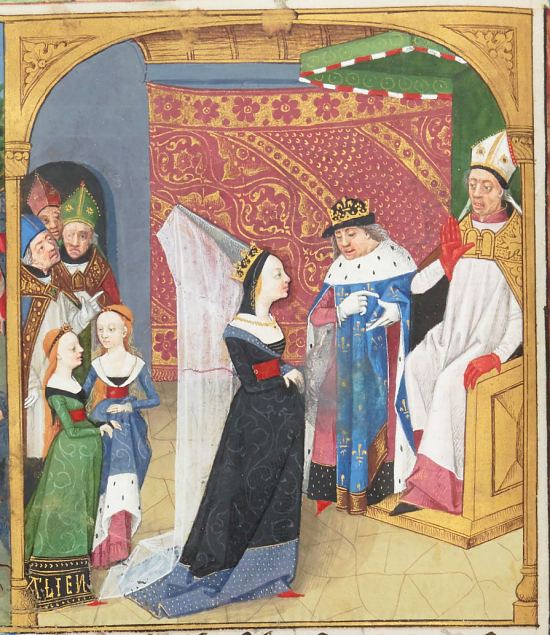 Répudiation d'Aliénor d'Aquitaine. Enluminure extraite des Grandes Chroniques de France, manuscrit français n°2069 de la BnF réalisé en 1471 pour Jean II Mérichon, lieutenant général du roi en Poitou