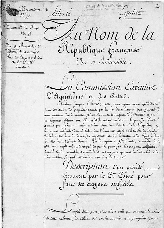 Première page du brevet d'invention n°77 déposé par Conté relatif au procédé pour faire des crayons artificiels