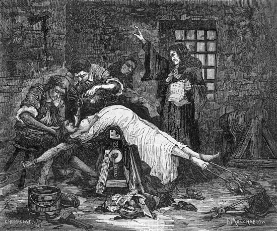 La marquise de Brinvilliers subit la question. Gravure de Jean Ferdinand Monchablon (1854-1904)