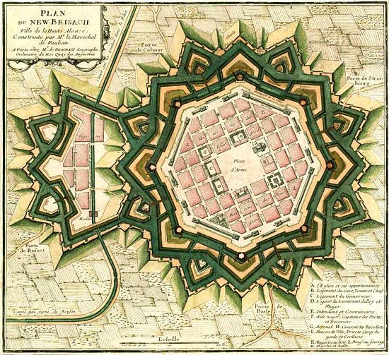 Plan de Vauban de la citadelle de Neuf-Brisach. Elle est l'une des 12 fortifications de Vauban inscrites depuis 2008 sur la liste du patrimoine mondial de l'Unesco