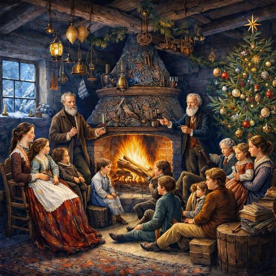 La famille est réunie autour de la bûche de Noël