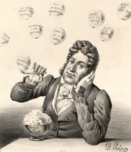 Les Bulles de savon. Caricature réalisée par Charles Philipon publiée sous le titre Mousse de Juillet par la Maison Aubert en février 1831