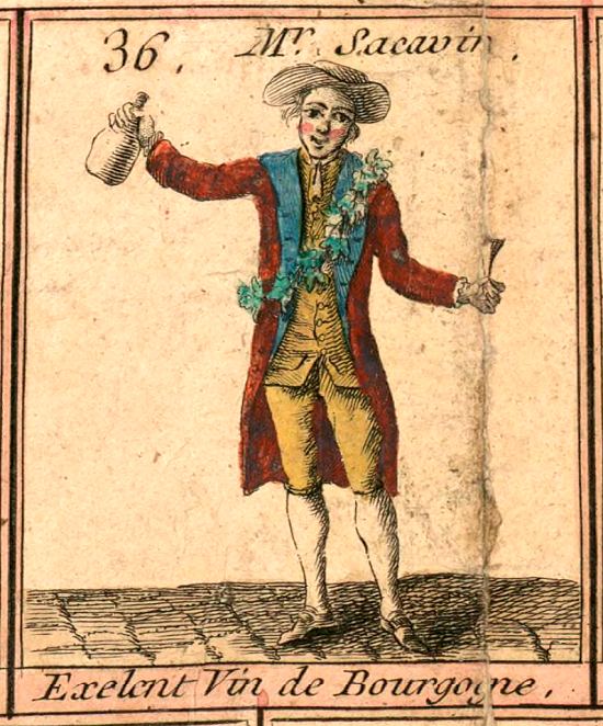 Monsieur Sacavin, buveur d'excellent vin de Bourgogne. Détail du jeu de l'oie des Cris de Paris, du XVIIIe siècle