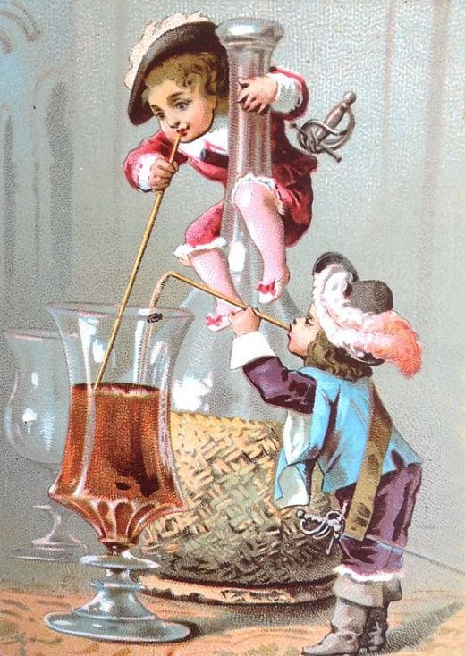 Enfants mousquetaires buvant du vin à la paille. Chromolithographie de 1880