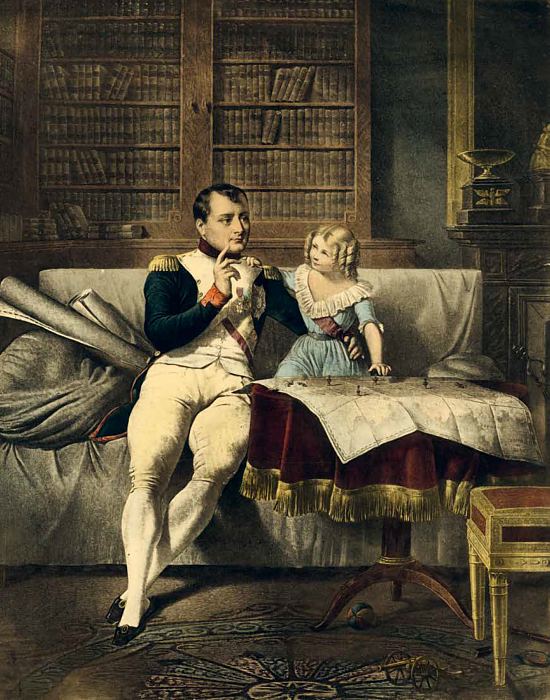 Napoléon dans son cabinet de travail (et bibliothèque) avec un enfant (son fils ?). Illustration anonyme publiée en 1921 par Raymond Guyot