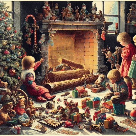 Le matin de Noël, les enfants découvrent toutes les bonnes choses déposées à leur intention par le bonhomme Nau