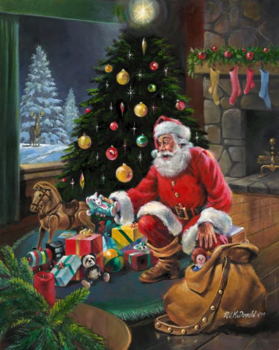 Le Père Noël distribue les cadeaux. Peinture de R.J. McDonald