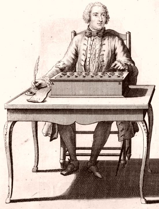 Calculateur utilisant la machine arithmétique de Pascal. Gravure extraite de Machines et inventions approuvées par l'Académie royale des sciences, depuis son établissement jusqu'à présent (Tome 4) paru en 1735