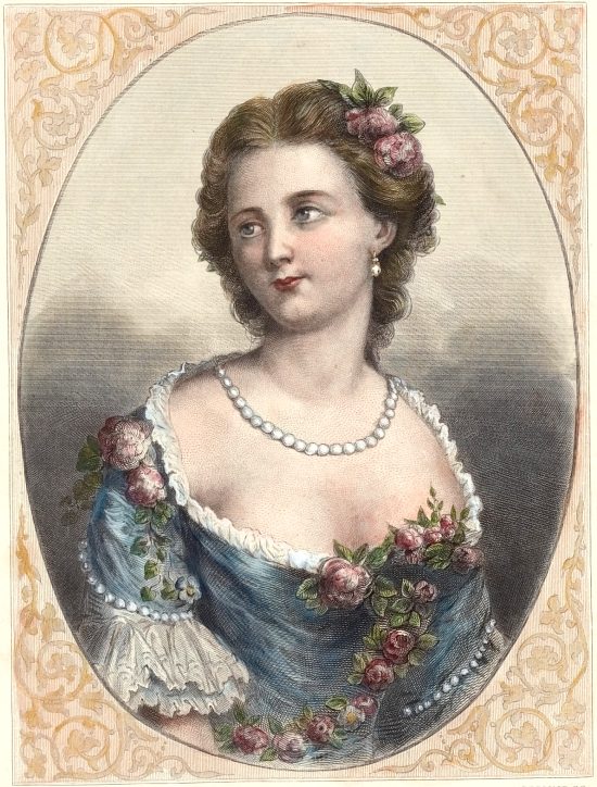 Mademoiselle de Camargo. Gravure (colorisée ultérieurement) d'Eugène Gervais réalisée en 1865 d'après une peinture de Nicolas Lancret