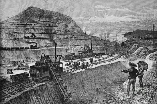 Travaux de percement du canal de Panama. Gravure de 1910
