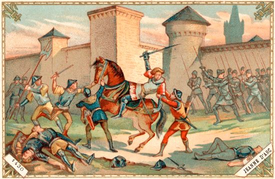 Jeanne d'Arc prisonnière au siège de Compiègne. Lithographie de 1890 appartenant à la série Jeanne d'Arc