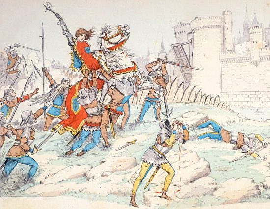 Jeanne est prise par les Bourguignons au cours d'une sortie autour de Compiègne. Lithographie de Paul de Sémant extraite de Histoire de Jeanne d'Arc racontée à mes enfants par Théodore Cahu (1895)