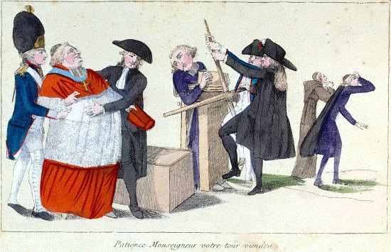 Le dégraisseur patriote : Patience, monseigneur, votre tour viendra. Représentation caricaturale des personnages de l'Église pressés dans un étau pour perdre leur embonpoint symbole de leur richesse. Gravure de 1790