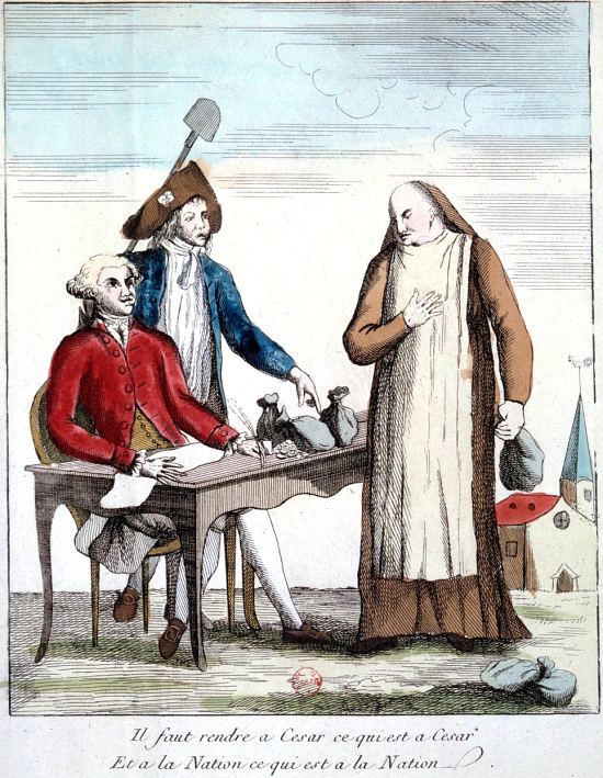 Représentation caricaturale d'un membre du clergé forcé de rendre les biens de l'Église. Il faut rendre à César ce qui est à César et à la Nation ce qui est à la Nation. Gravure de 1790