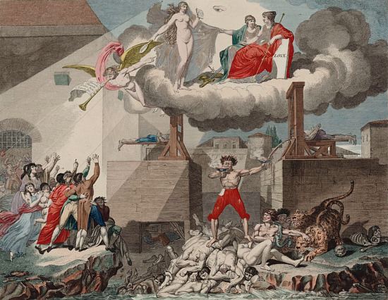 Les formes acerbes. Caricature du révolutionnaire Joseph Le Bon buvant une coupe de sang, juché sur une pile de cadavres guillotinés, réalisée en 1796 par Poirier de Dunkerque