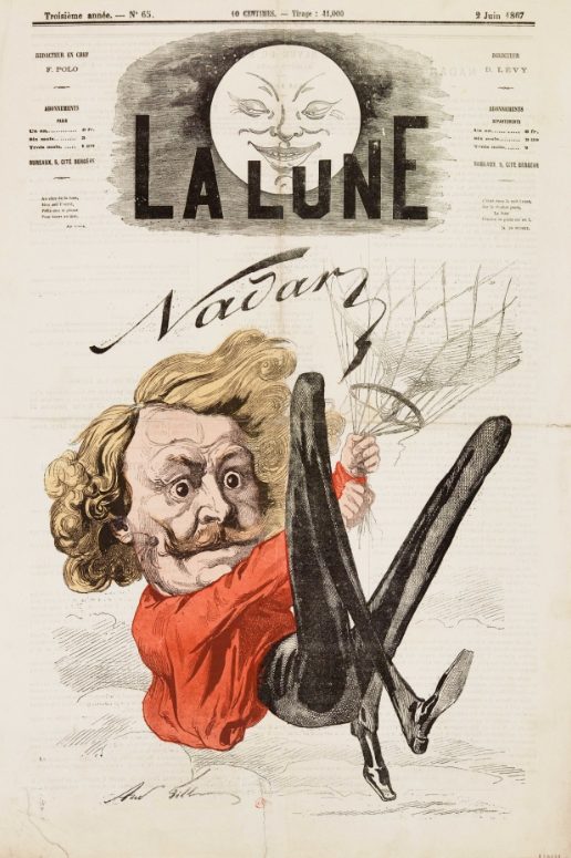 Nadar s'accrochant à un ballon. Caricature réalisée par Gill et publiée dans La Lune du 2 juin 1867