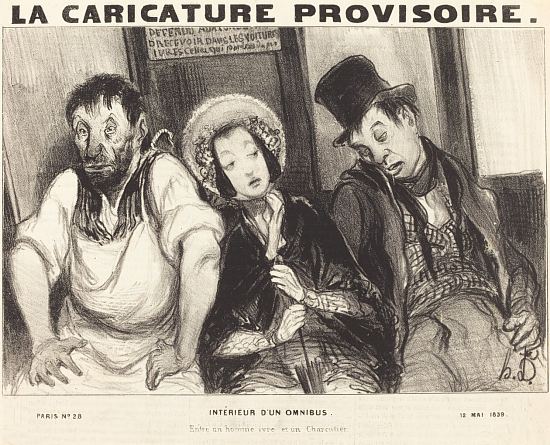 Intérieur d'un omnibus. Entre un homme ivre et un charcutier. Caricature d'Honoré Daumier de 1839
