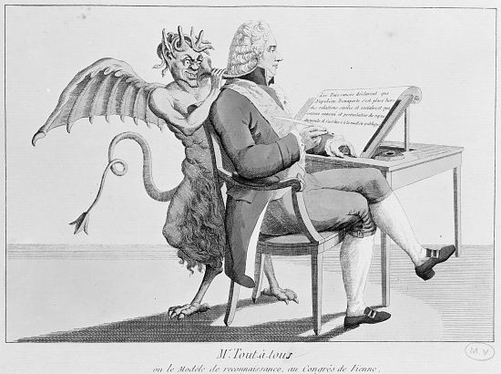 Le diable dicte à Talleyrand la déclaration du 13 mars 1815. Caricature publiée en avril 1815 ayant pour titre Mr Tout-à-tous ou le Modèle de reconnaissance, au Congrès de Vienne, le Tout-à-tous faisant allusion à l'ordre de la Girouette. Par cette déclaration, qu'il fait signer à tous les vainqueurs de 1814, Talleyrand place Napoléon au rang de criminel du genre humain