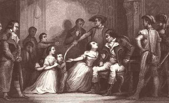 Accompagnée de ses enfants, une mère implore la clémence de Carrier à Nantes. Estampe d'Alfred Johannot parue dans le tome 2 de l'Histoire de la Révolution française par Adolphe Thiers