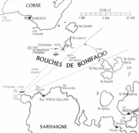 Lieu du naufrage de la Sémillante. Carte extraite de l'ouvrage Un sanctuaire, un naufrage : la tragédie de La Sémillante, par Jean-Lucien Rachelli