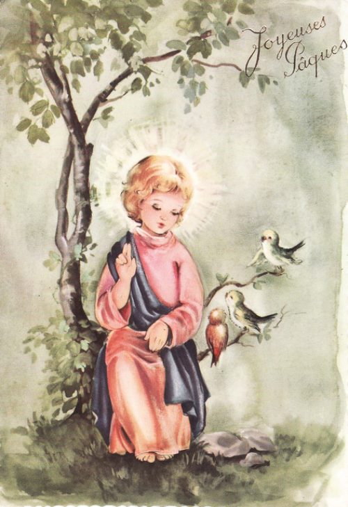 Carte de Pâques : l'enfant Jésus bénit les oiseaux