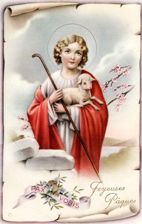 Carte de Pâques : l'enfant Jésus et l'agneau