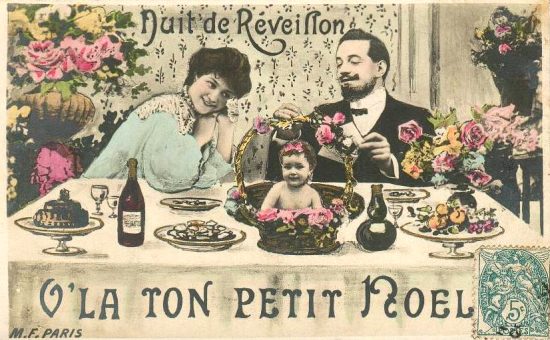 Carte postale de 1906 illustrant le réveillon de Noël