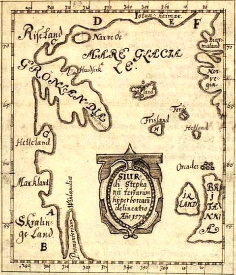 La carte de Skálholt (1570) sur laquelle figurent les noms des 4 régions découvertes par les Vikings : Grønland, Helluland, Markland et Vinland