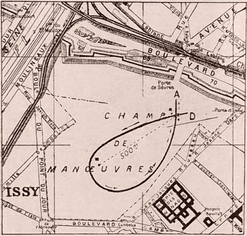 Parcours aérien réel suivi par Henry Farman dans sa tentative victorieuse pour le Grand Prix d'aviation Deutsch-Archdeacon, le 13 janvier 1908, à Issy-les-Moulineaux