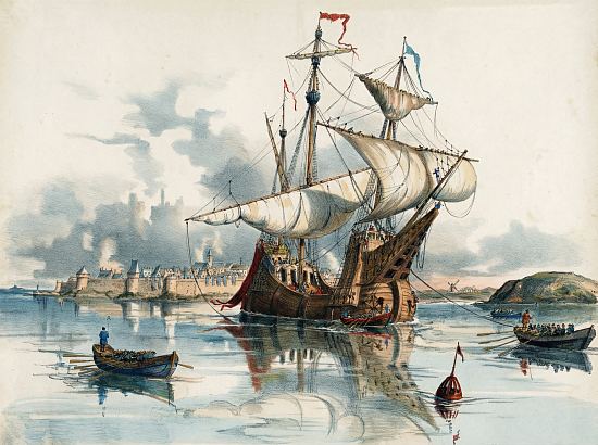 Départ de Jacques Cartier de Saint-Malo en 1534. Dessin réalisé d'après la peinture murale à la cire de Jean Vercel (1929-2011)