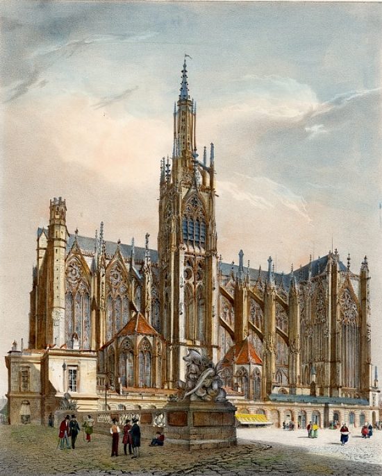 Cathédrale Saint-Étienne de Metz. Façade est où l'on peut voir la tour de Mutte, abritant trois cloches dont l'énigmatique cloche de Mademoiselle de Turmel. Illustration extraite de Le Moyen Âge monumental et archéologique par Daniel Ramée et Nicolas Chapuy (1843)