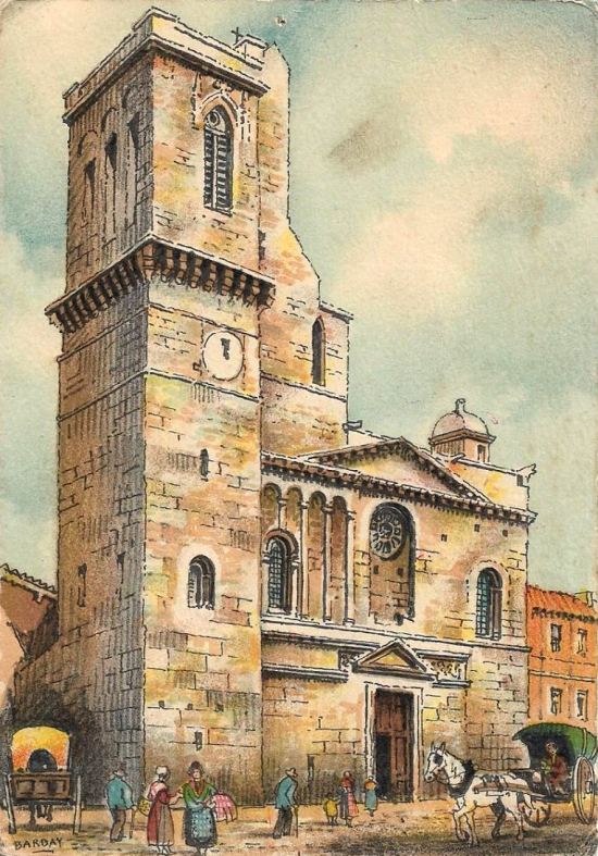 La cathédrale de Nîmes. Carte postale réalisée d'après l'oeuvre de Barday, pseudonyme du peintre et lithographe Geroges Dayez (1907-1991)