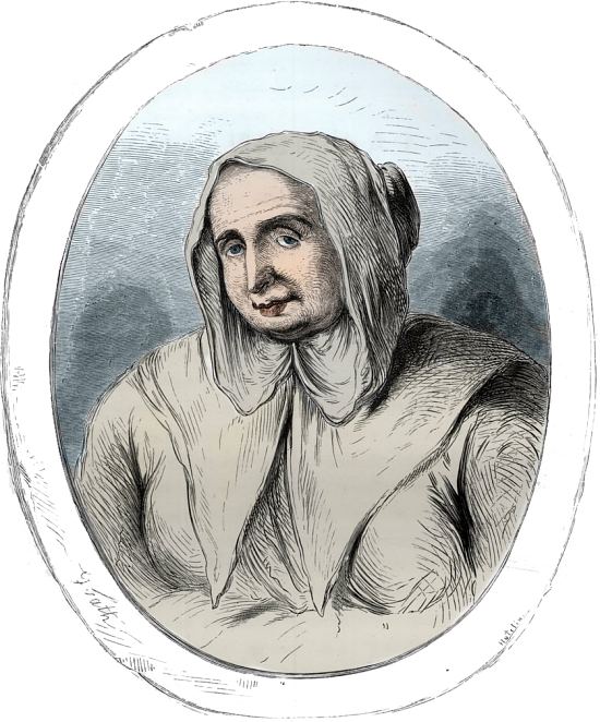 Catherine Deshayes dite la Voisin. Gravure (colorisée ultérieurement) extraite du Livre rouge. Histoire de l'échafaud en France paru en 1863