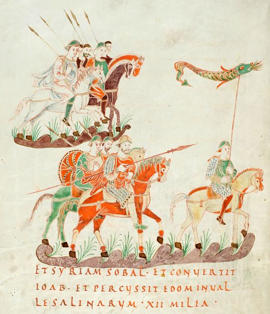La cavalerie de Charlemagne. Enluminure extraite du Psautier doré (Psalterium aureum) de Saint-Gall, composé vers 890